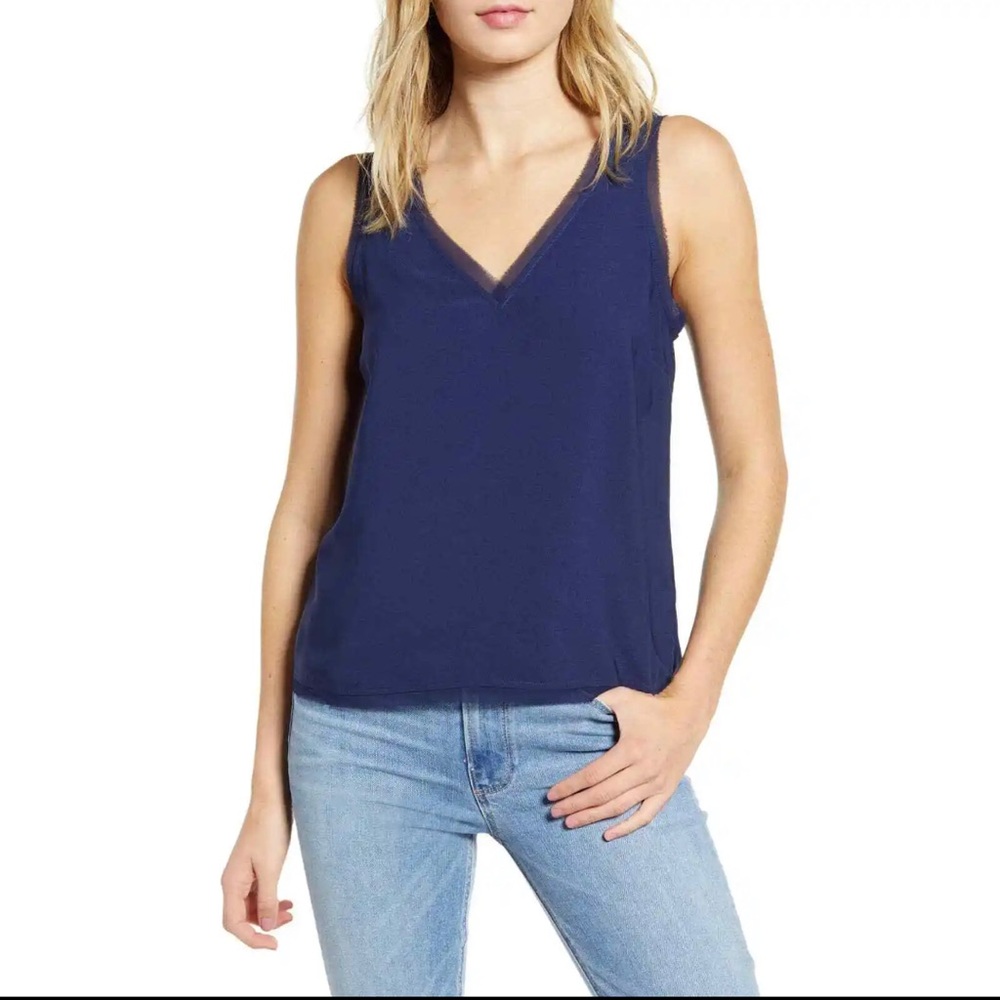 Chelsea28 Dark Blue Raw Edge V Neck Sleeveless Chiffon Top Blouse L Large